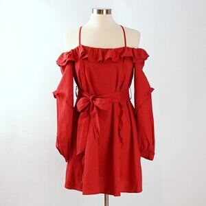 Marissa Webb Off Shoulder Linen Belted Ruffled Sun Dress - Size XS - EUC